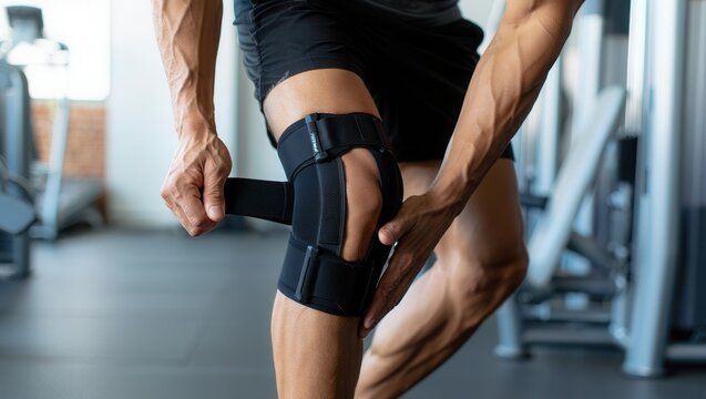A dedicated athlete is fitting a knee brace while training in a modern gym setting with various exercise equipment around. This action focuses on preventing injury and enhancing support