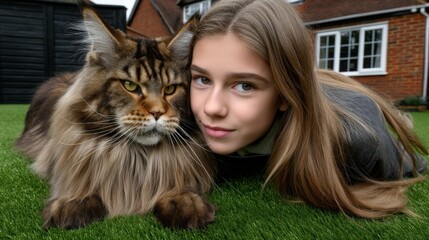 Girl kissing cat outdoors, National Hug Your Cat Day, summer, holding, eyes, animals, fun, mammal, person, fluffy