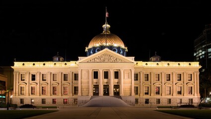 The grand government building features an ornate dome and elegant facade, brilliantly lit against the night sky in an urban environment, highlighting its historic significance and architecture