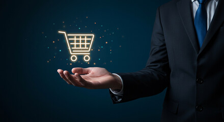 Online shopping cart on hand businessman concept for e commerce and retail business strategy idea
