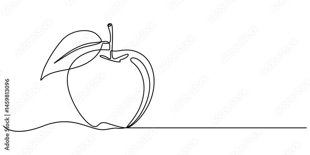 Poster apple with leaf continuous one line drawing, black and white, continuous one line drawing of an appl