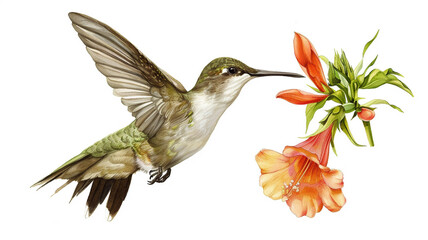 Fototapeta premium Delicate illustration of a hummingbird feeding on a trumpet vine flower. Beautiful nature art.