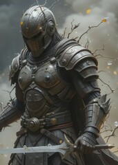 Fototapeta premium Warrior in Medieval Armor with Sword and Mystical Background