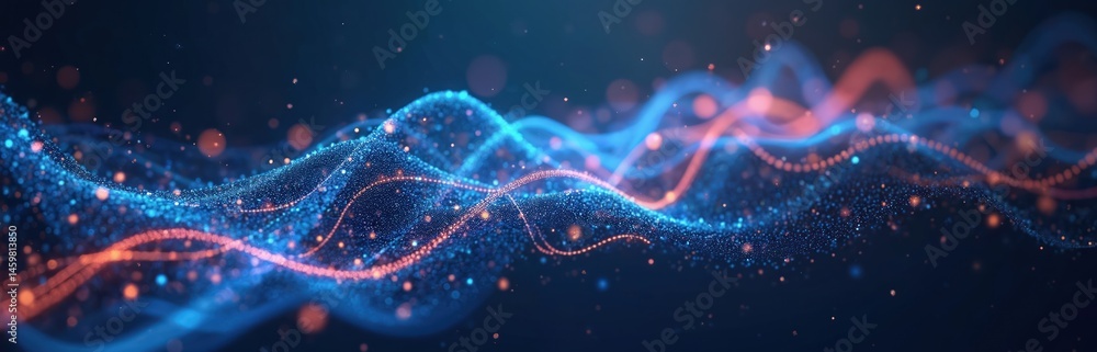 Aufkleber Abstract illustration with intertwining colored dots lines. Futuristic technology banner for modern design projects. Conceptual digital background with audio wave elements visualising music data,