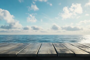 Wooden table top with a blue sea and sun background, a summer concept banner design. Panoramic banner for product display presentation, a mock-up template