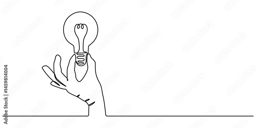 Poster one line drawing of hand holding a light bulb. symbol of creativity and invention, continuous line d