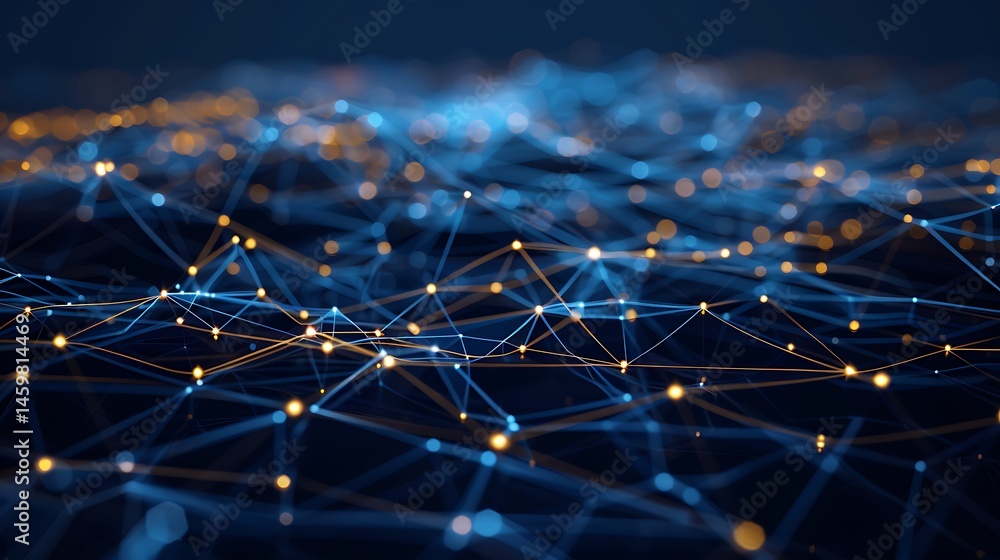 Poster abstract network of glowing blue and orange nodes and lines on a dark background, representing data,