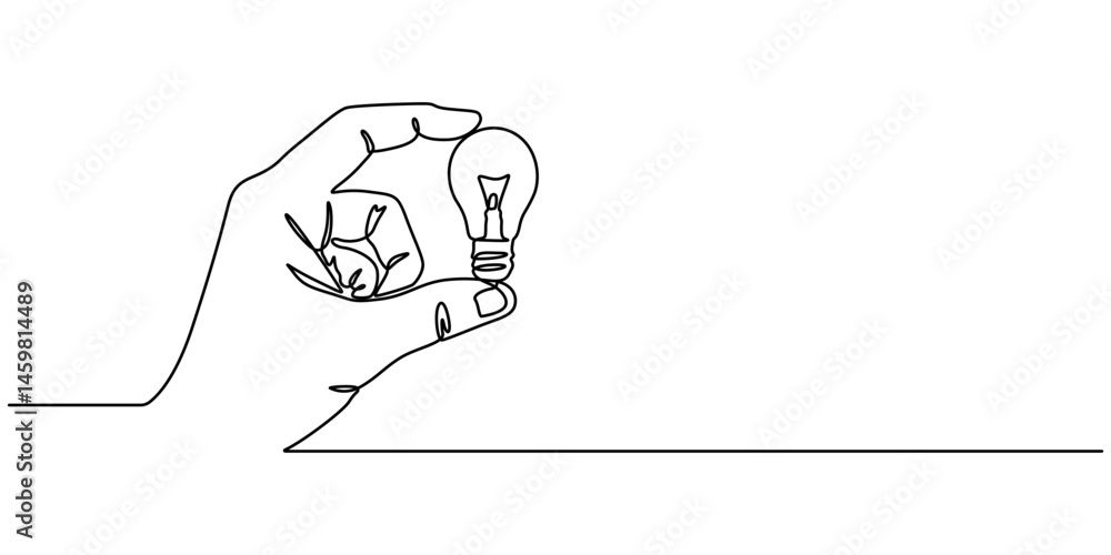 Poster one line drawing of hand holding a light bulb. symbol of creativity and invention, continuous line d