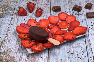 Chocolate ice cream popsicle in a tray with fresh strawberries on a wooden background