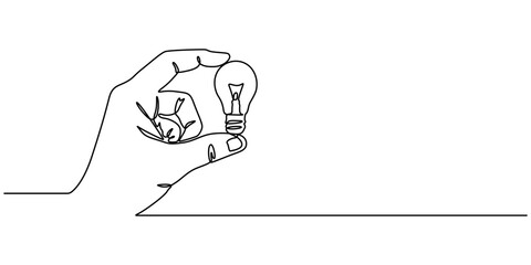 One line drawing of Hand holding a light bulb. Symbol of creativity and invention, Continuous line drawing. Hands palms together with light bulb, Single continuous line of hands holding plant inside 