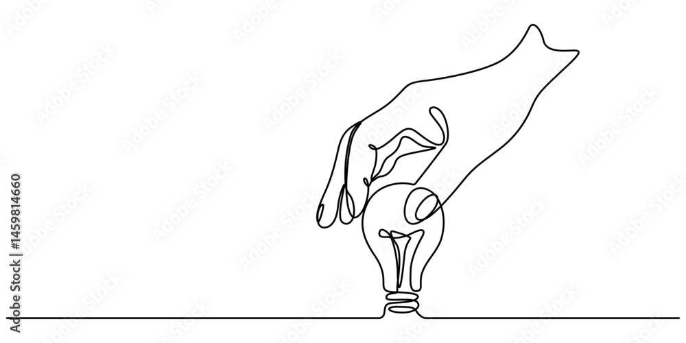 Poster one line drawing of hand holding a light bulb. symbol of creativity and invention, continuous line d