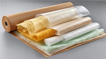 Several types of translucent and opaque material in rolls and sheets.