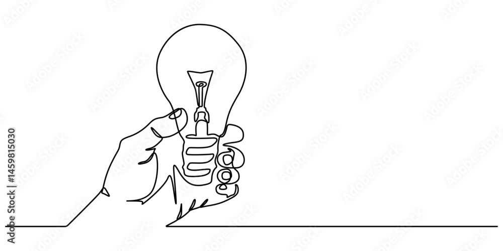 Poster one line drawing of hand holding a light bulb. symbol of creativity and invention, continuous line d