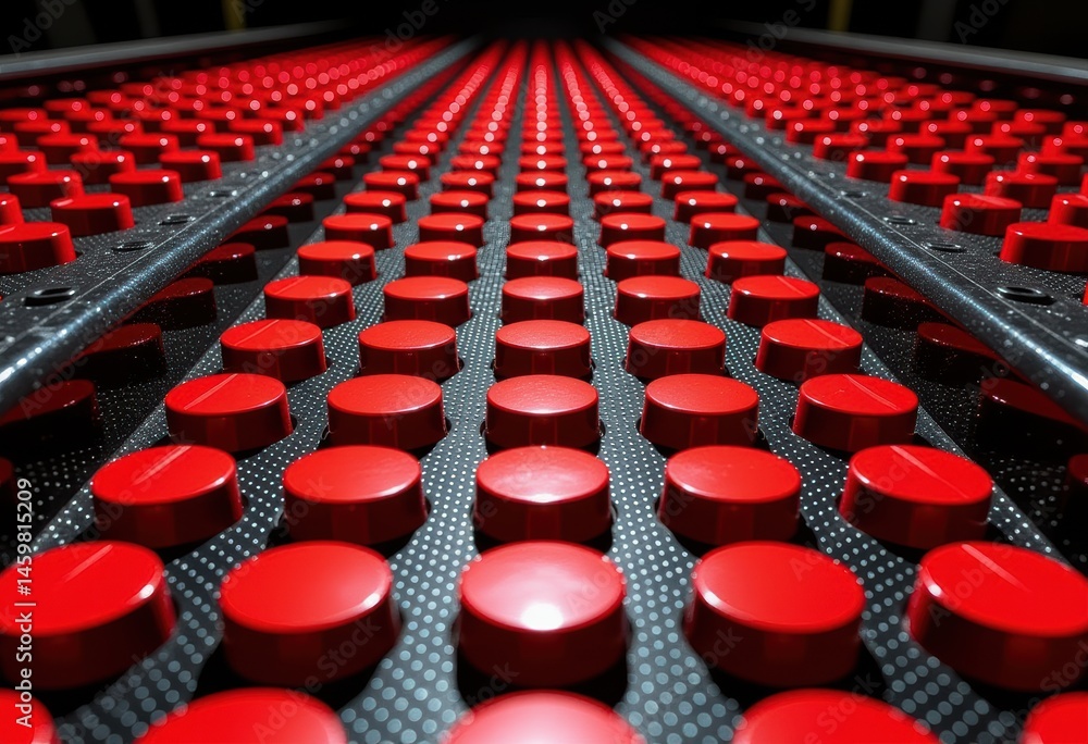 Poster red circular buttons arranged in a striking pattern on a black surface