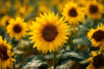 Fototapeta premium Vibrant Sunflower Field, a Symphony of Golden Hues in a Summery Landscape