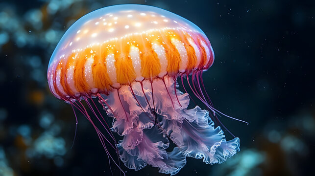 Blue ocean life with white jellyfish tentacles in an underwater aquarium