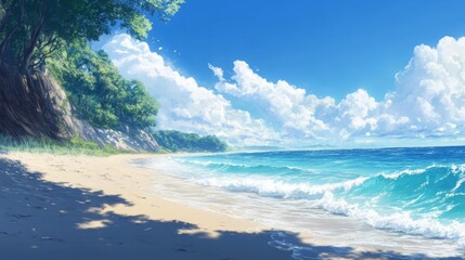 Gentle blue waves lap a clean, sandy shore.
