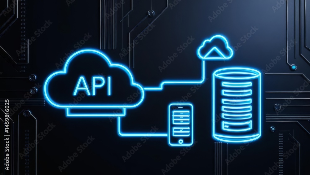 Poster a neon illustration shows api cloud connectivity between a database, mobile device, and cloud storag