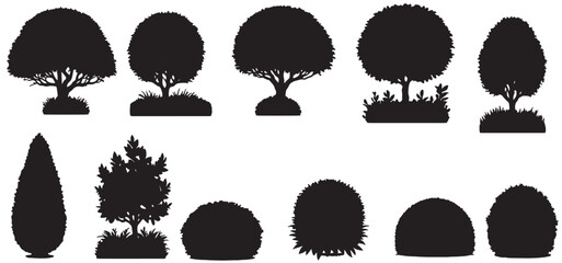 Set of different types silhouette trees shrubs and bushes. white background