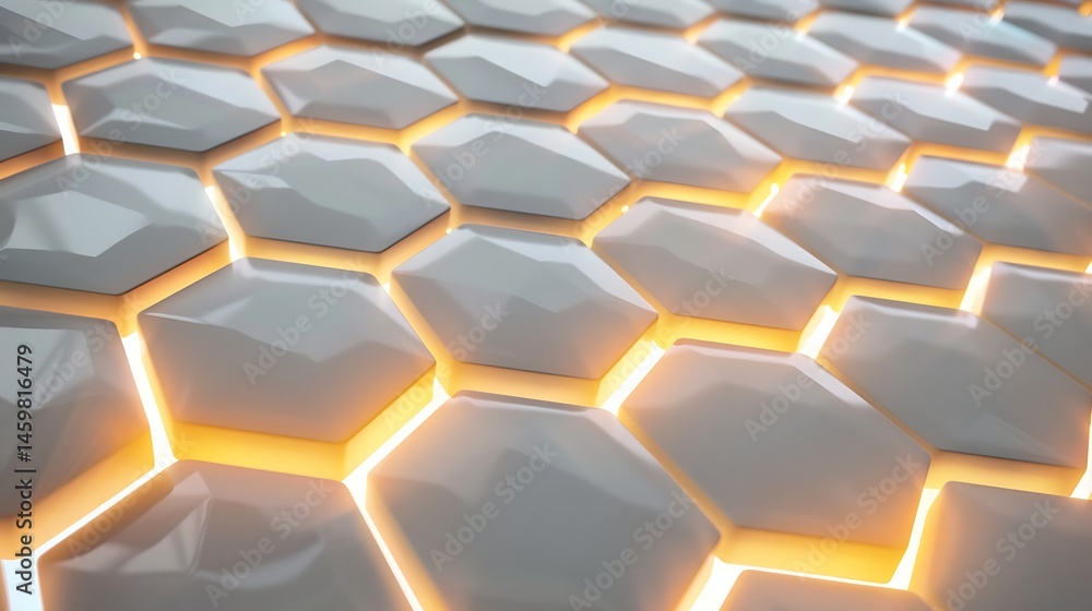 Poster abstract close-up of a white or light grey hexagonal honeycomb pattern with warm orange light glowin