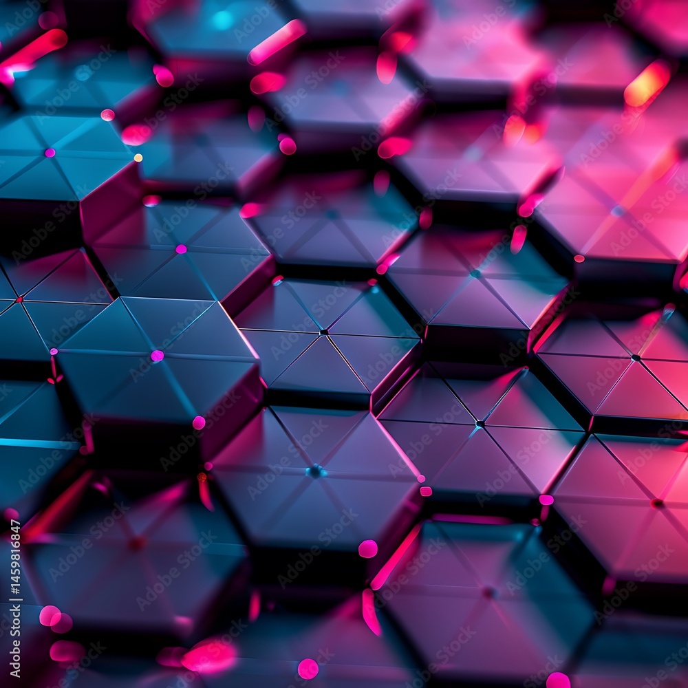Poster abstract close-up of a futuristic hexagonal or honeycomb pattern illuminated with vibrant pink and b