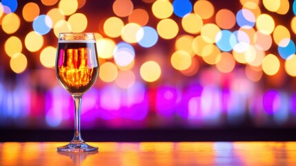 Beer glass on bar, bokeh lights, nightlife, pub