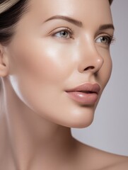 Obraz premium Beautiful woman with flawless skin and elegant features posing against a neutral background in soft lighting