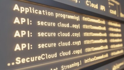 Obraz premium Close-up of a digital screen displaying API programming, cloud security, and code-related terms and commands.