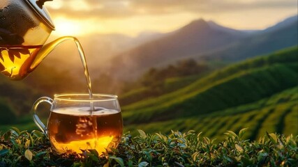 Tea pouring from teapot into glass cup, tea plantation background, slow motion - Powered by Adobe