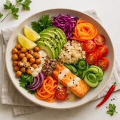 Colorful vegan bowl set on a ceramic plate over a natural linen cloth.