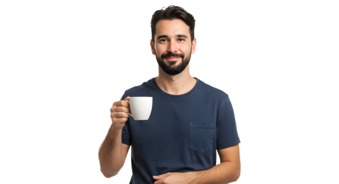 A smiling man holding a coffee cup in a casual setting, with a neutral background suggesting a relaxed atmosphere