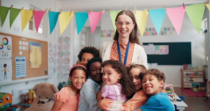 Woman, face and hug children in classroom, teacher and support with growth development at academy. Education, portrait and embrace with kids, students gratitude and school for learning knowledge