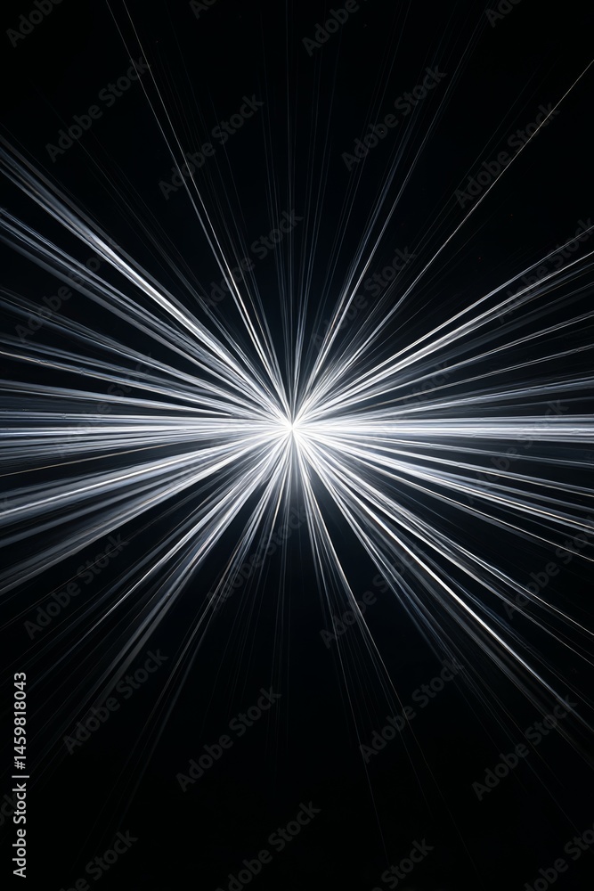 Poster radial godrays bursting symmetrically from center on black background with soft-edged beams creating