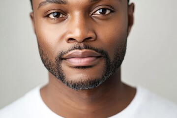 Obraz premium Portrait of a young man with a confident expression, set against a neutral background, showcasing natural beauty and poise