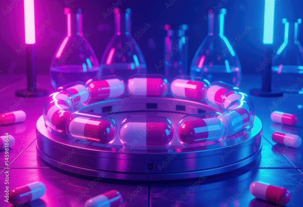 Poster colorful capsules arranged in a circular display with glowing laboratory flasks