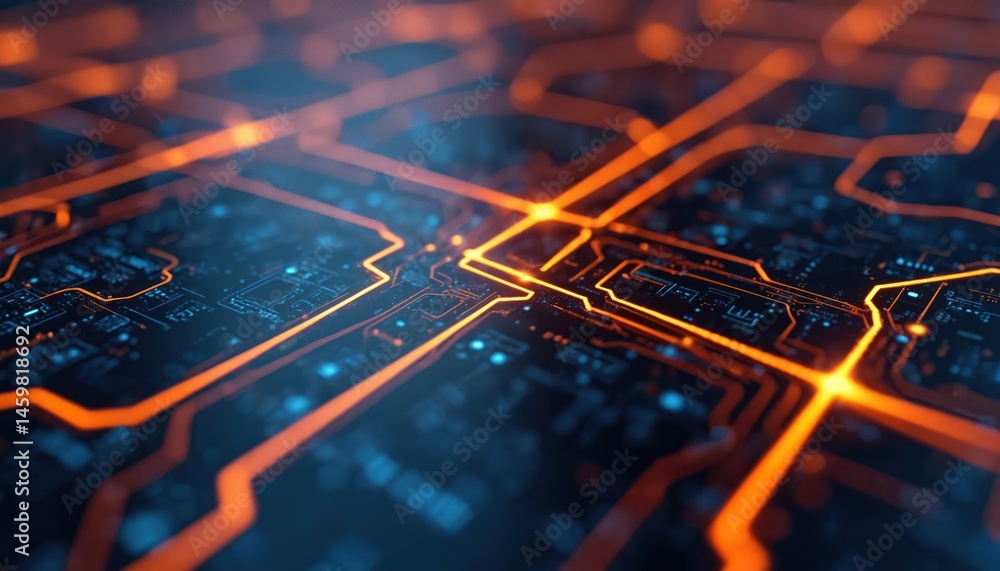 Aufkleber futuristic digital circuitry with illuminated lines. advanced tech concept. blue, orange colors. net