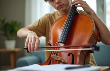 Fototapeta premium Teenager plays cello instrument during online music lesson. Boy takes notes from music teacher, studies at home. Learning new skills during quarantine. Online education.