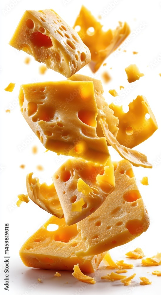 Poster Floating pieces of yellow cheese create a dynamic visual effect against a white background showcasing texture and depth in a creative food photography composition