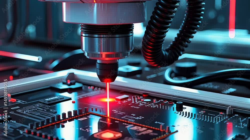 Poster close-up of a high-tech laser focused on a circuit board with advanced electronic components, showca