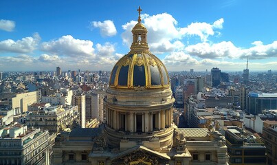 Golden dome atop building overlooks sprawling cityscape under a bright sky