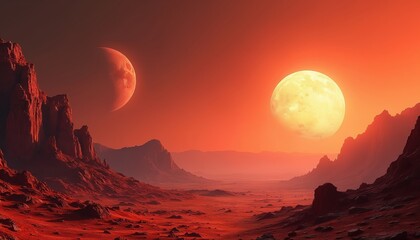 Vibrant red planet landscape with two moons. Rocky formations under orange sky at sunset. Digital art futuristic illustration, space art, science fiction illustration.