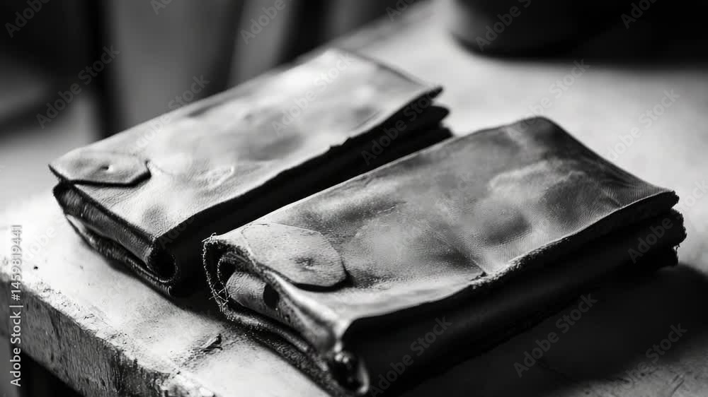Aufkleber a pair of high-quality leather wallets resting on a table, perfect for use in editorial or commercia