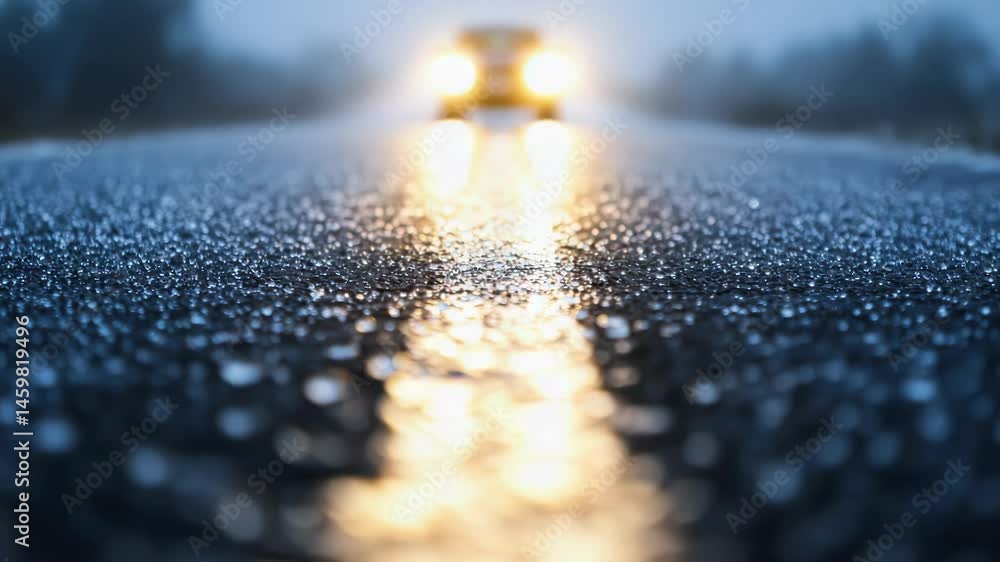Poster a wet road with a center line, ideal for transportation and infrastructure uses