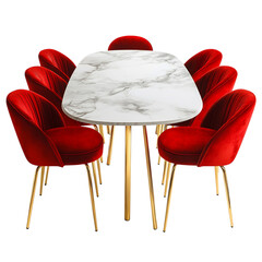 A White Marble Dining Table with Red Chairs Isolated on Transparent Background