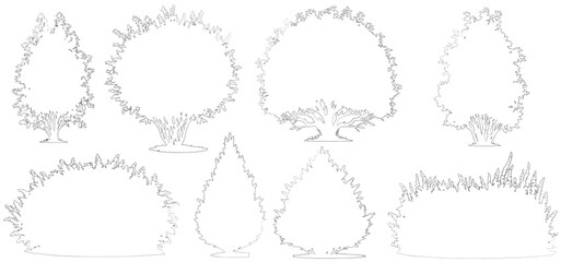 Set of trees and bushes for architecture and landscape design, line drawing. Vector illustration