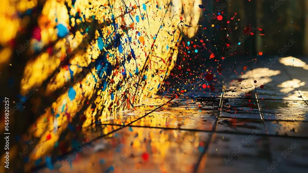 Poster vibrant colorful wall featuring abstract paint splashes creating a striking artistic display of colo
