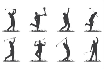 Athletic Golf Poses: Swinging, Putting, and Carrying Golf Clubs in Silhouette