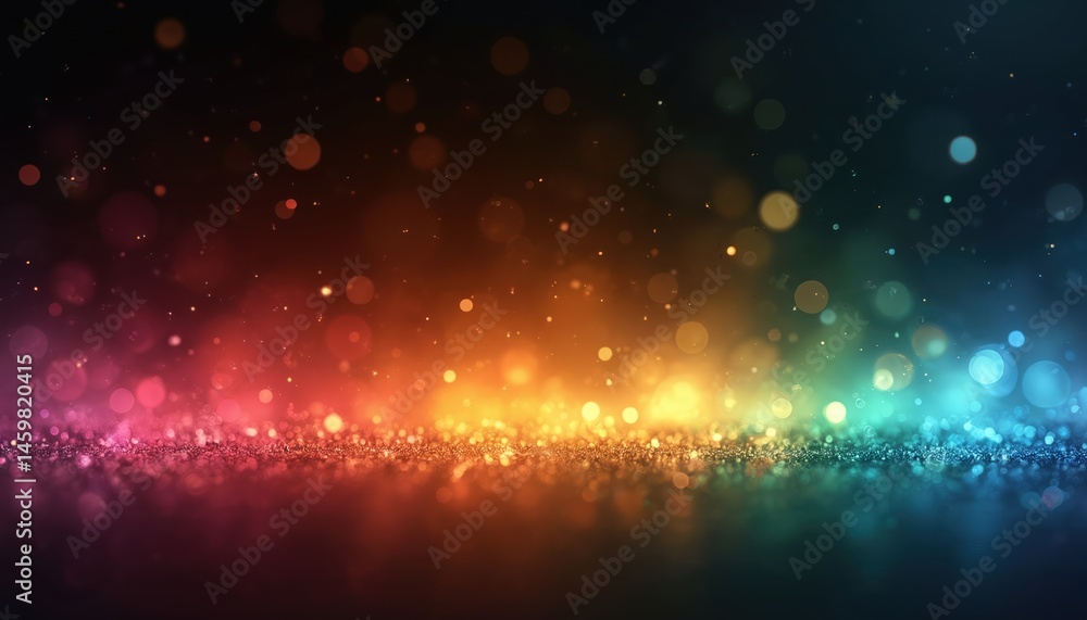 Poster abstract illustration features blurred colorful rainbow light leaks on black background with dust pa