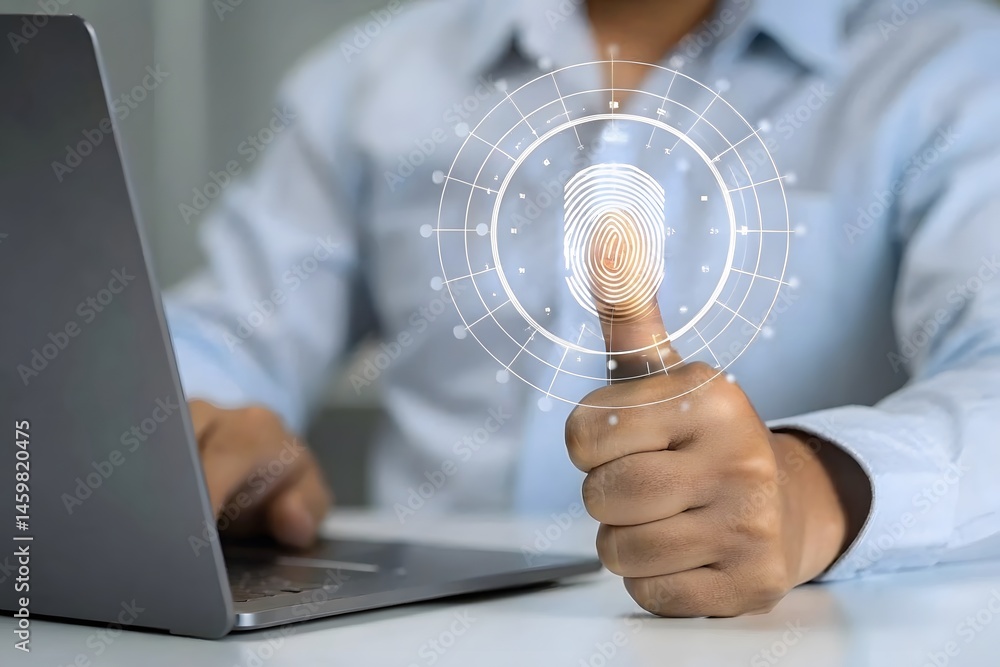 Poster biometric fingerprint scan for digital security and identity verification on laptop.