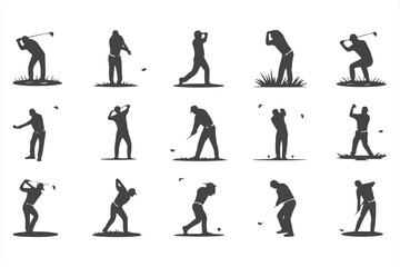Golfing Action Poses: Players in Various Stages of Swinging and Putting